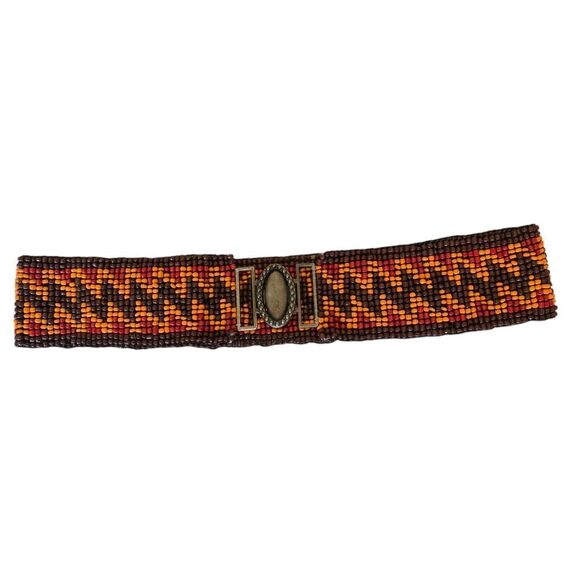 Vintage Orange Red Brown‎ Beaded Zigzag Pattern Elastic Belt Western Boho